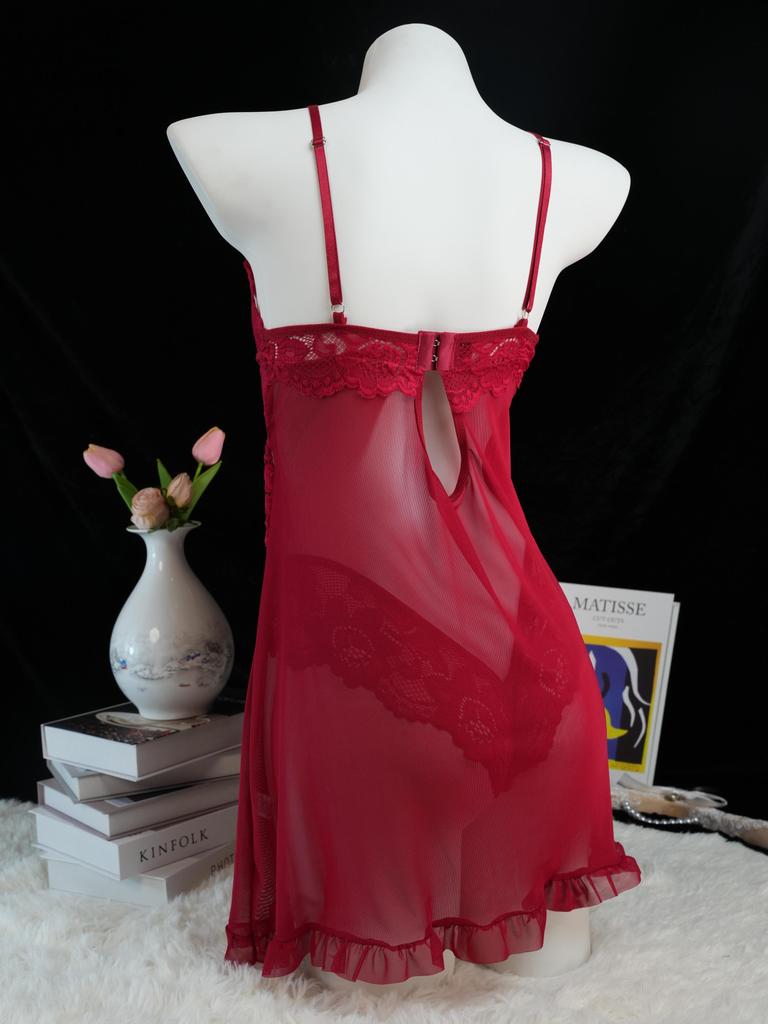 Thin Style G-string Contrast Lace Ruffle Trim Lingerie Set Deep V Slip Dress Thing Women's Sexy Lingerie Lenceria Mujeres wine red