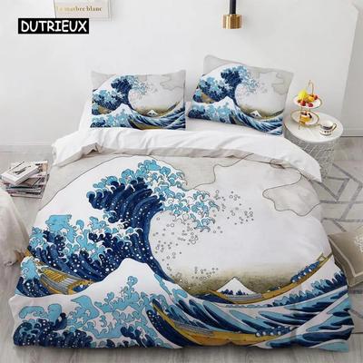 Dalga Nevresim Takımı Hokusai Desenli Japon Ukiyoe Yorgan Kılıfı Oryantal Eskiz Tarzı Okyanus Queen Tek Kişilik Polyester Yatak Takımı
