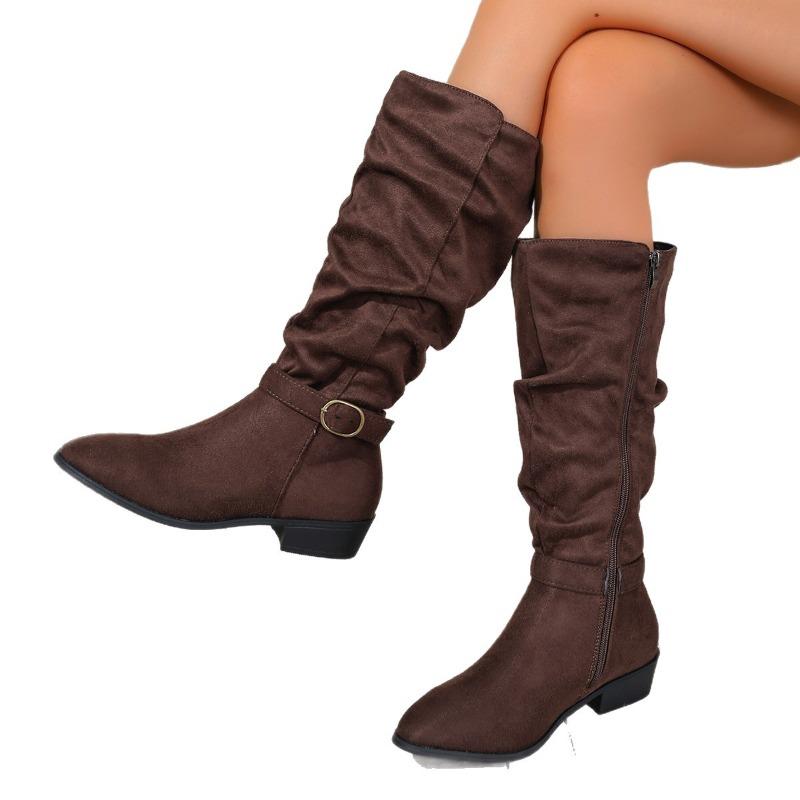 Γυναικείες μπότες με μεγάλο πλάτος και ύψος μέχρι το γόνατο - Χειμερινές μπότες με μυτερό τακούνι και φερμουάρ στο πλάι, μποτάκια με λάστιχο μέχρι τον αστράγαλο