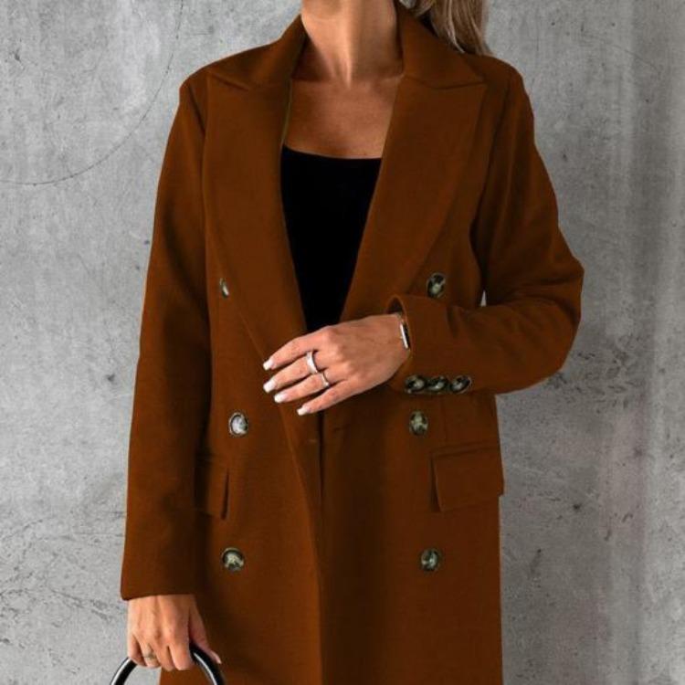 Women Thermal Woolen Overcoat Mid Length Double Breasted Turn Down Collar Solid Color Long Sleeved Jacket for Commuting Dating Spring Fall and Winter