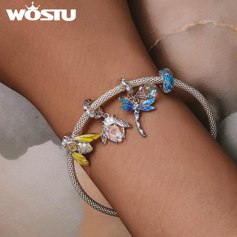 WOSTU 925 Sterling Silver Color Changeable Flower Pendant Charm Bee Hanging Beads for Women Bracelet & Bangle DIY Fine Jewelry