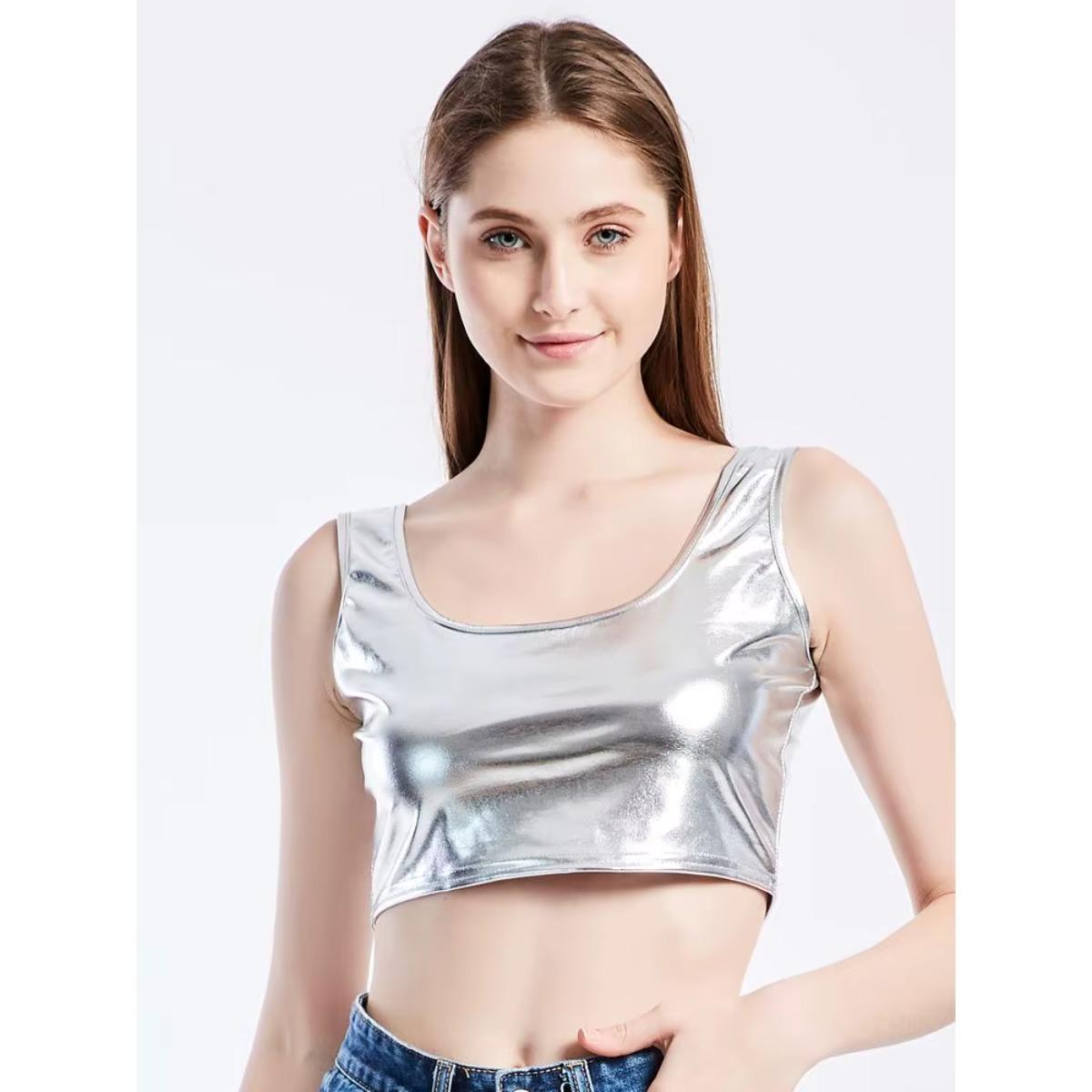 

Shiny Women Metallic Rave Dance Festival Clubwear Crop Tank Tops Short Vest Summer Sleeveless Scoop Neck Holographic Top XXL срібний
