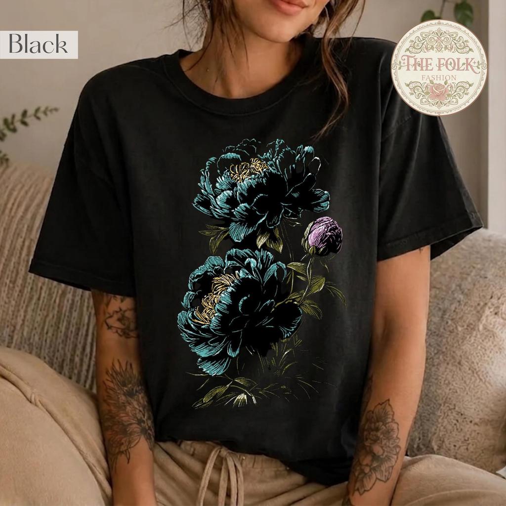 Dark Cottagecore Shirt, Vintage Floral Tee, Moody Botanical T-shirt, Goth Peony Graphic Shirt, Boho Flower Tee, Retro Peony Flower T Shirt
