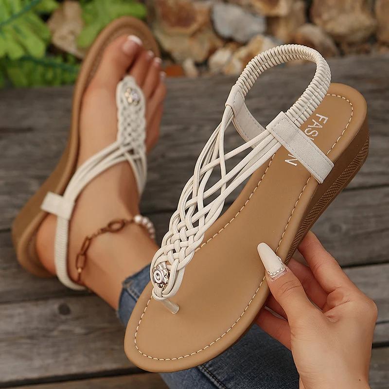 Fashion Clip Toe Wedge Sandals for Women Summer Comfort Non Slip Beach Shoes Woman Plus Size Fashion Breided Roman Sandalias Mujer 2025