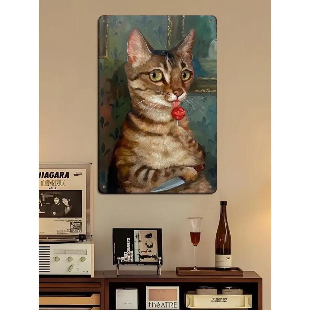 Vintage Tabby Cat Wall Art Aluminum Metal Painting Lollipop Knife Decor 20x30cm