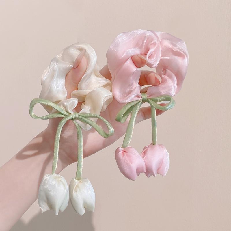 4Pcs Fashion Hair Accessories Cute Tulip Flower Large Intestine Scrunchie For Girls Sweet Hair Ornament Headband Hair Tie