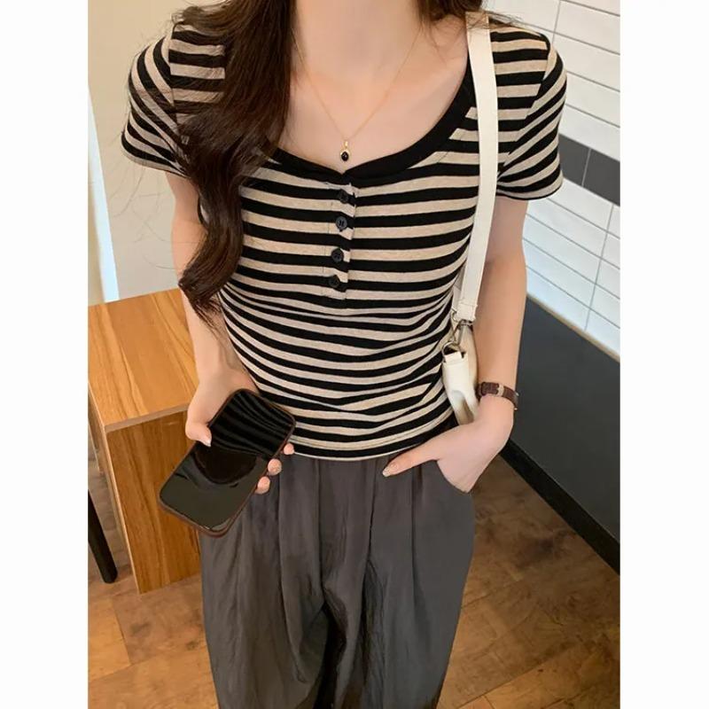 Summer Women's Striped T Shirt Square Neck Short Sleeve Half Button Slim Fit Ribbed Casual Tops