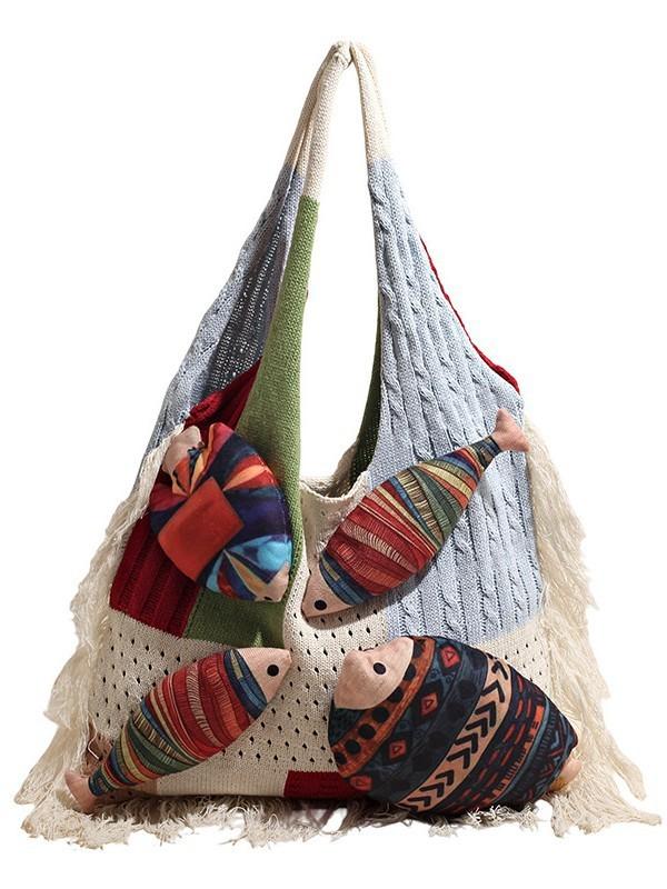 Cotton Knitted Large Capacity Tote Bag With Open Top For Casual Travel And Beach Use