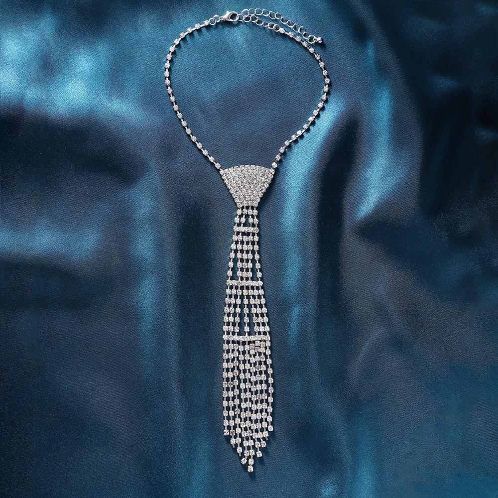 Charm Tie Shape Necklace Exaggerated Crystal Chain Choker Rhinestone Tassel Necklace  Party