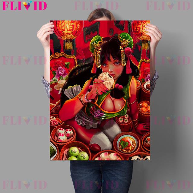 Cute and Terrifying Pink Girl Retro Wall Art Oil Painting Red Peach Girl, Zombie Laurie, Gothic Moon Girl Art Poster