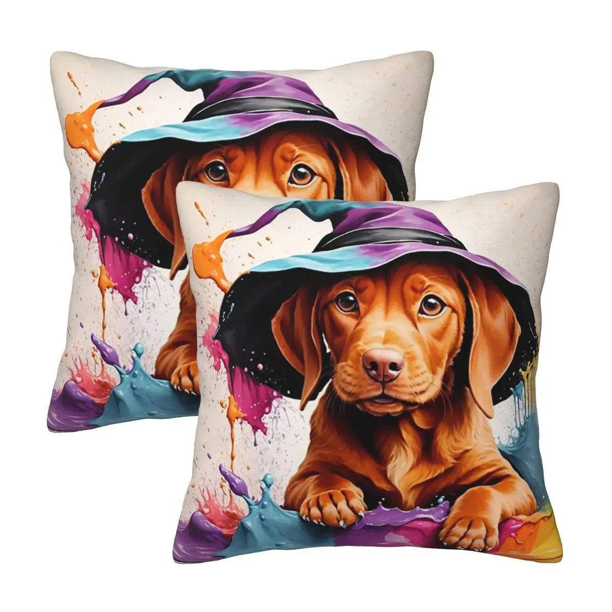 

Vizsla Puppy Dog Portrait In A Halloween Hat 2 pcs Square Pillowcase Pillow Cover Cushion Zip Decorative Comfort Throw Pillow 12x12Inch