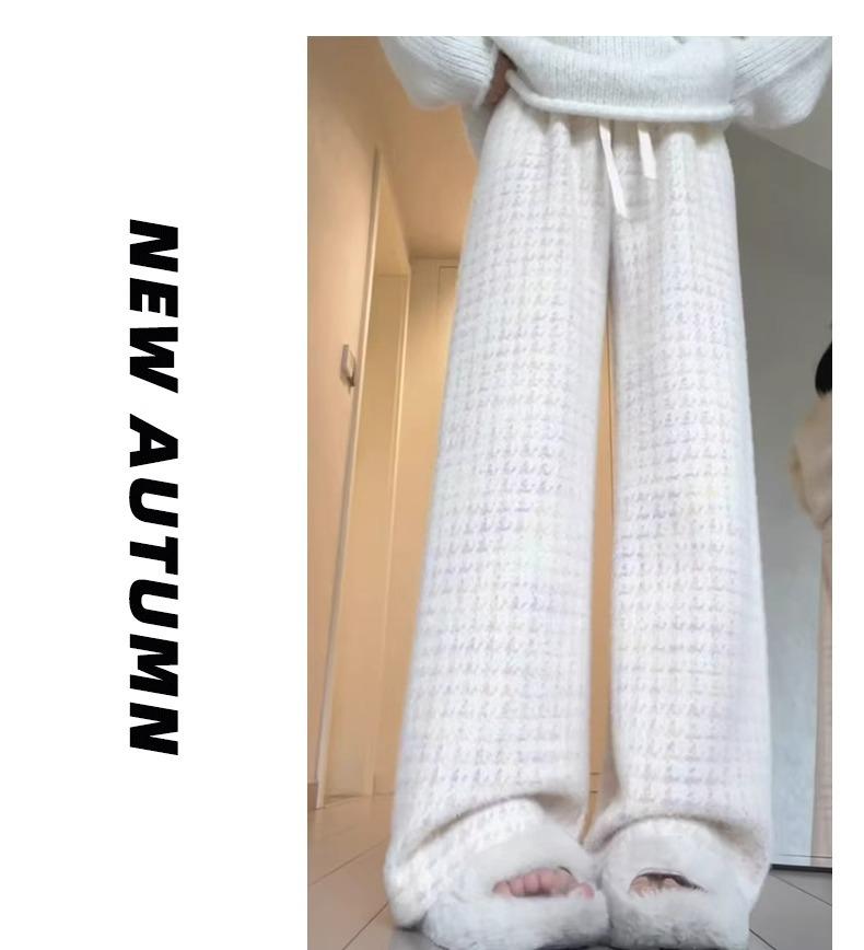 Petite Houndstooth Wide-Leg Pants: Women's Autumn Winter High-Waist Slimming Plaid Knit In Mink, Size XS.
