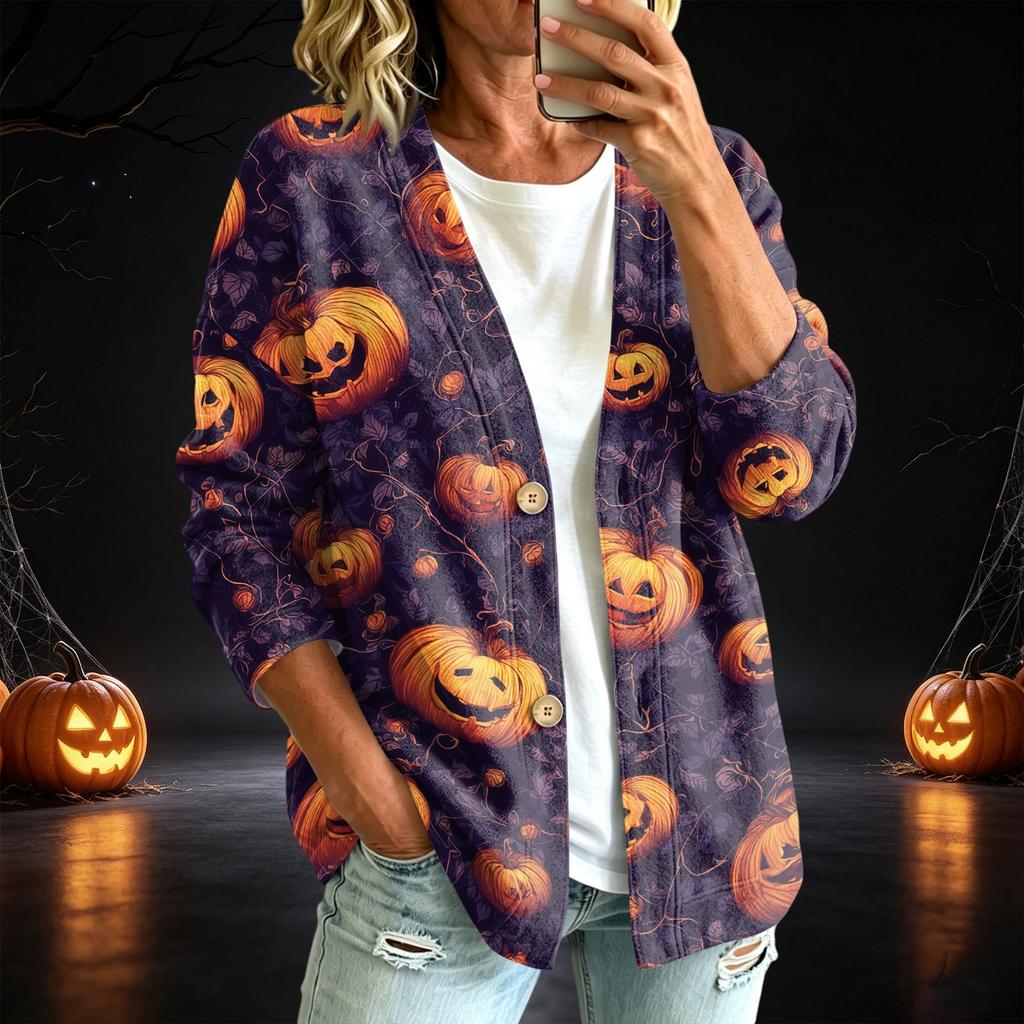 Women's Casual Button Down Halloween Print Jacket for Fall Seasonal Wear