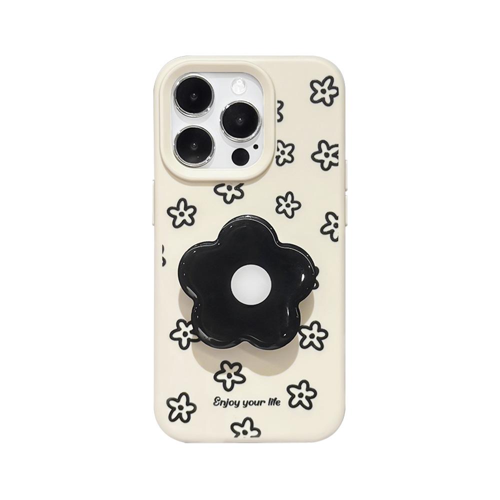 Applicable to iphone16/17Promax all-inclusive anti-drop mobile phone case Apple 15/14 black flower bracket protective case 13