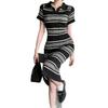 Summer 2025 Knitted Striped Polo Dress: Slim Waist, Hip-Hugging, Mid-Length Style for Women