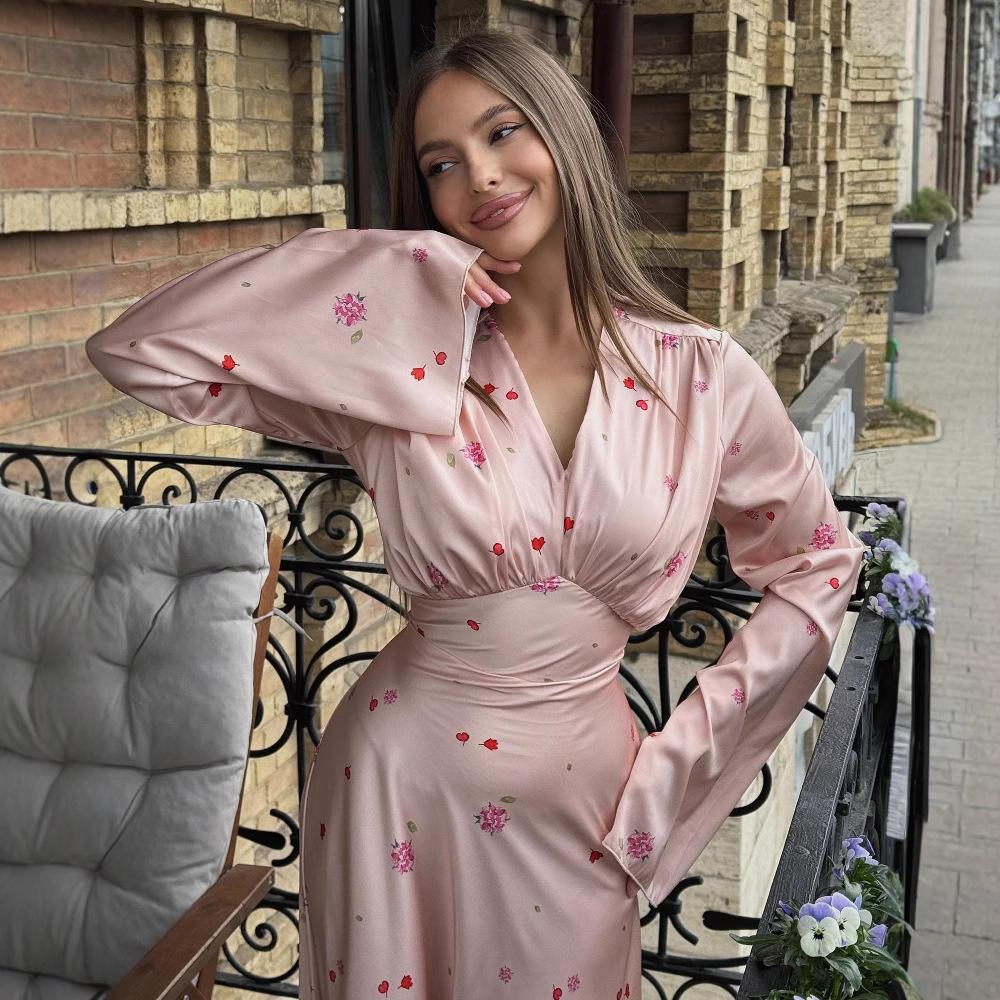 Pink Long Sleeve Floral Maxi Dress with Deep V-Neck