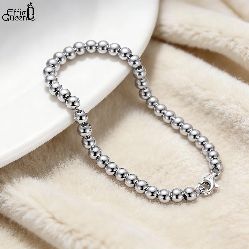 EFFIE QUEEN 100% Prata S925 Ouro 14k Contas de 4mm Pulseira de Corrente de Bolas Joia Simples para Mulheres, Homens Corrente de Mão Presente de Banquete SB103