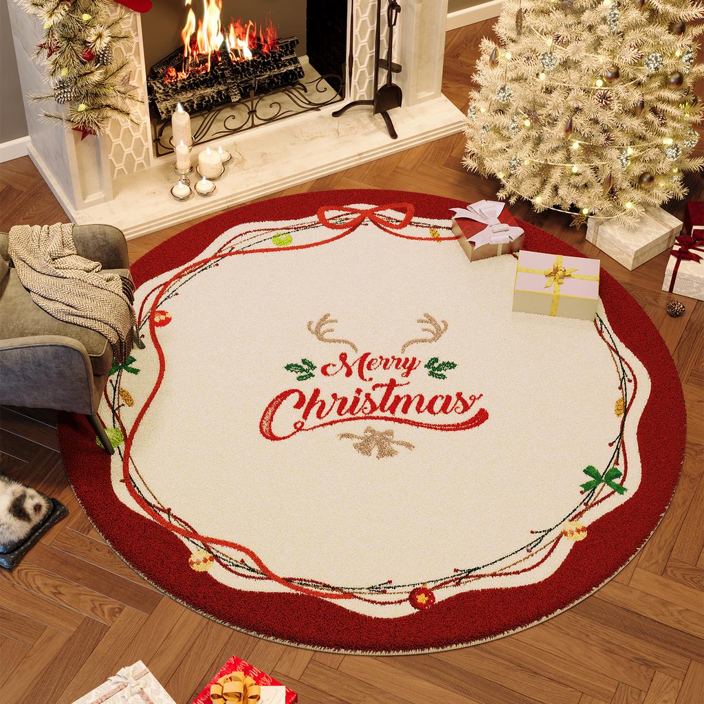 Christmas Bedroom Decor Red Carpet Round Carpets for Living Room Thick Plush Cloakroom Washable Floor Mat Home Fluffy Soft Rug