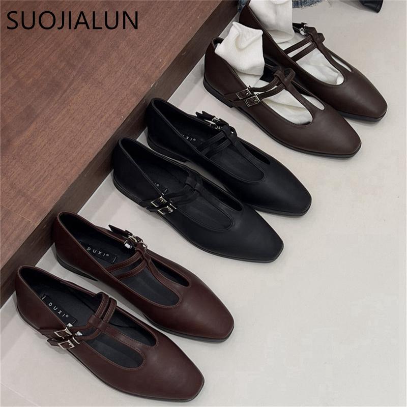 Fashion SUOJIALUN Spring New Women Flat Shoes Fashion Round Toe Shallow Slip On Ladies Mary Jane Shoes Flat Heel Outdoor Dress Ballerina