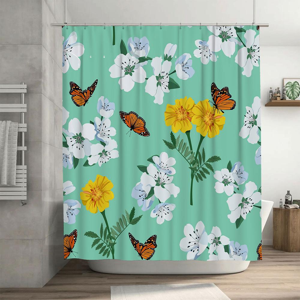 Green Floral Shower Curtain with ButterfliesPerfect for Your Bathroom Decor