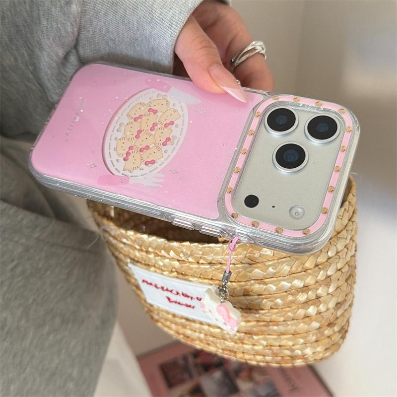Matching Hello Kitty Charm Wrist Strap Pink Glitter Cookie Print Phone Case For iPhone 14 15 16 17 Pro Max INS Cute Shockproof C