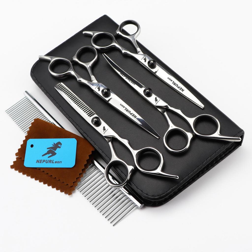 7-inch Napsun Black Pet Grooming Scissors Set: 4 Straight Shears, Fishbone Design, 3pcs 5pcs Options