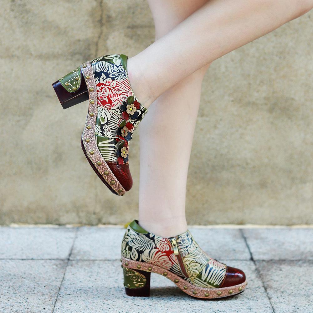 Johnature Zapatos de tacón pintados a mano de cuero genuino para mujer, zapatos de tacón alto con plataforma cómodos Flor Retro