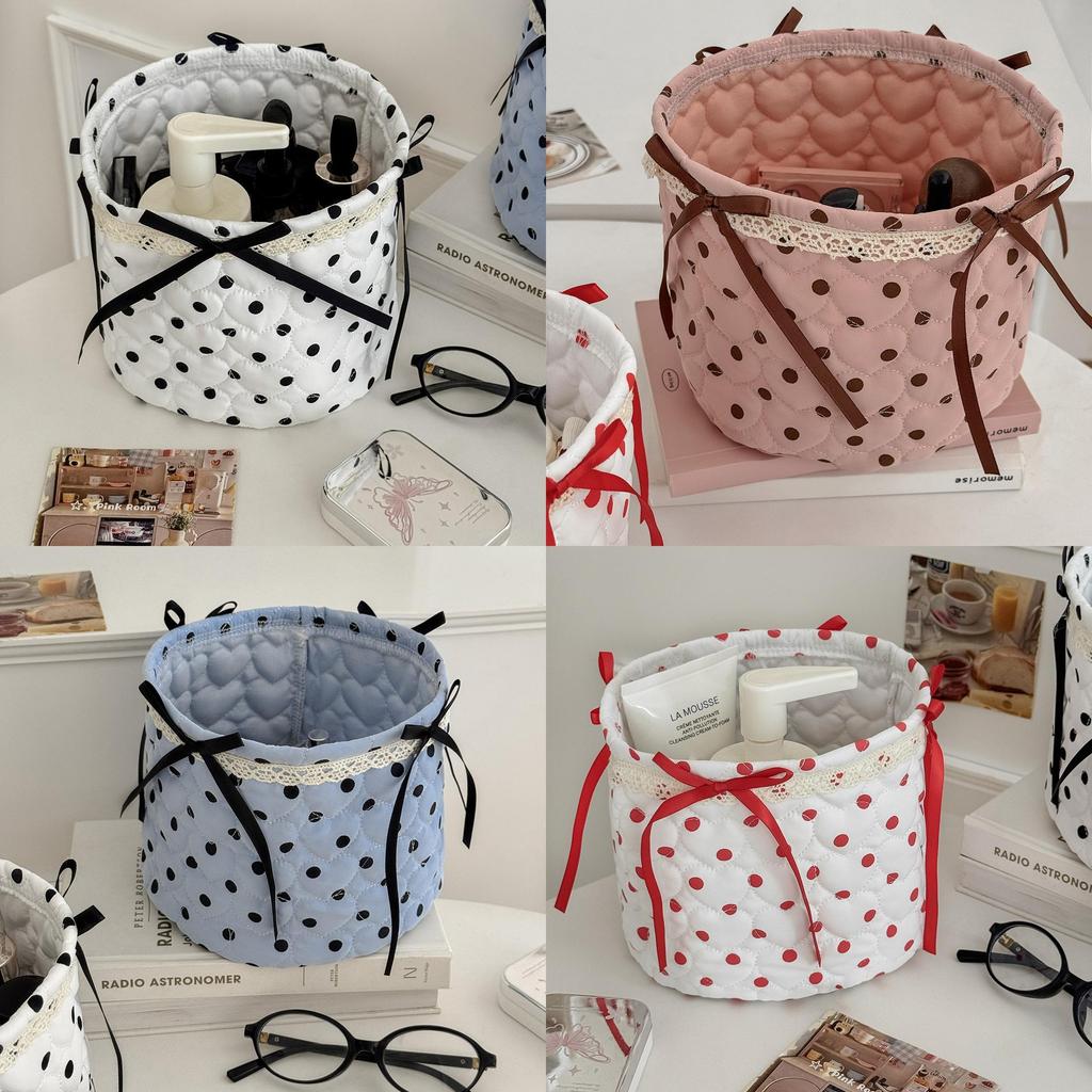 Stylish Nylon Dot Pattern Storage Bin With Ribbon For Makeup And Toy Organization