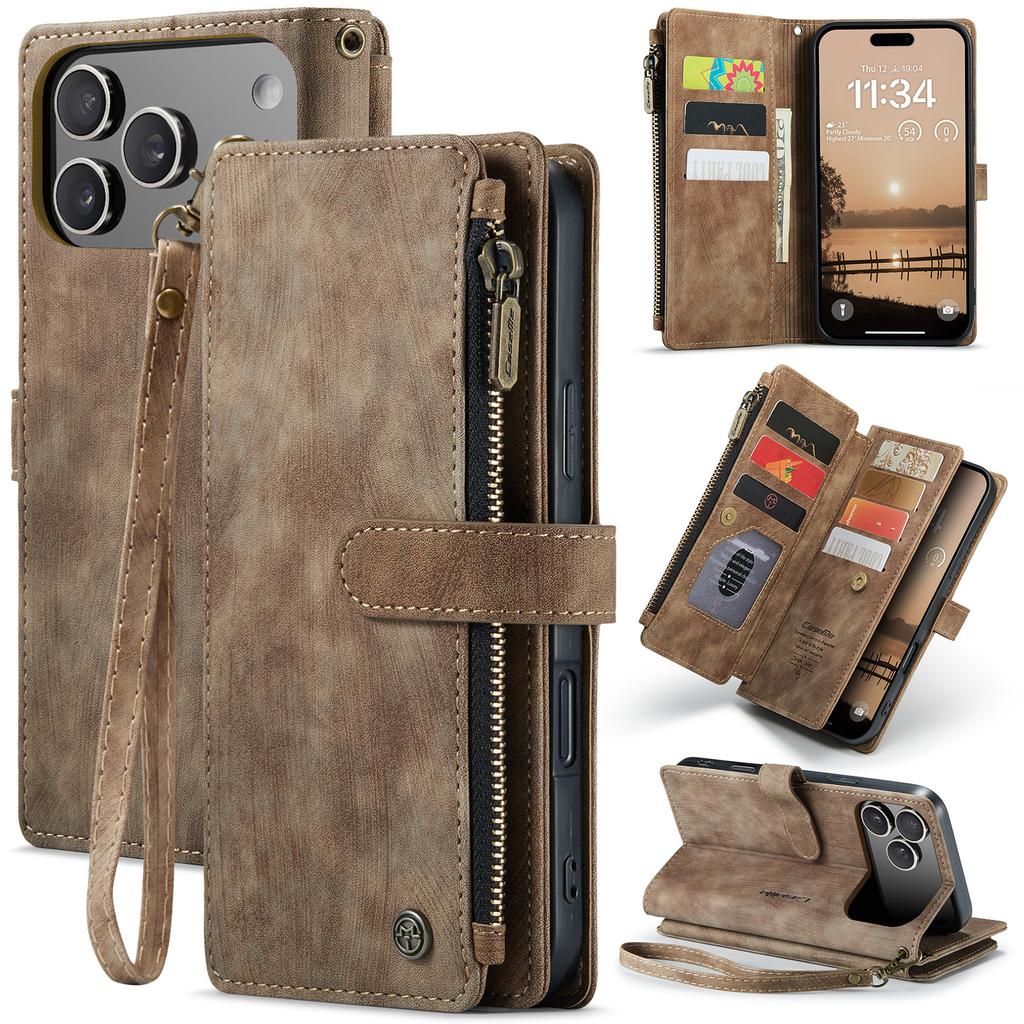 Zipper Wallet Leather Cards Solt Phone Case for IPhone 18 Pro Max 17 16 Plus 15 14 13 12 Kickstand Slim Long Lanyard Book Cover