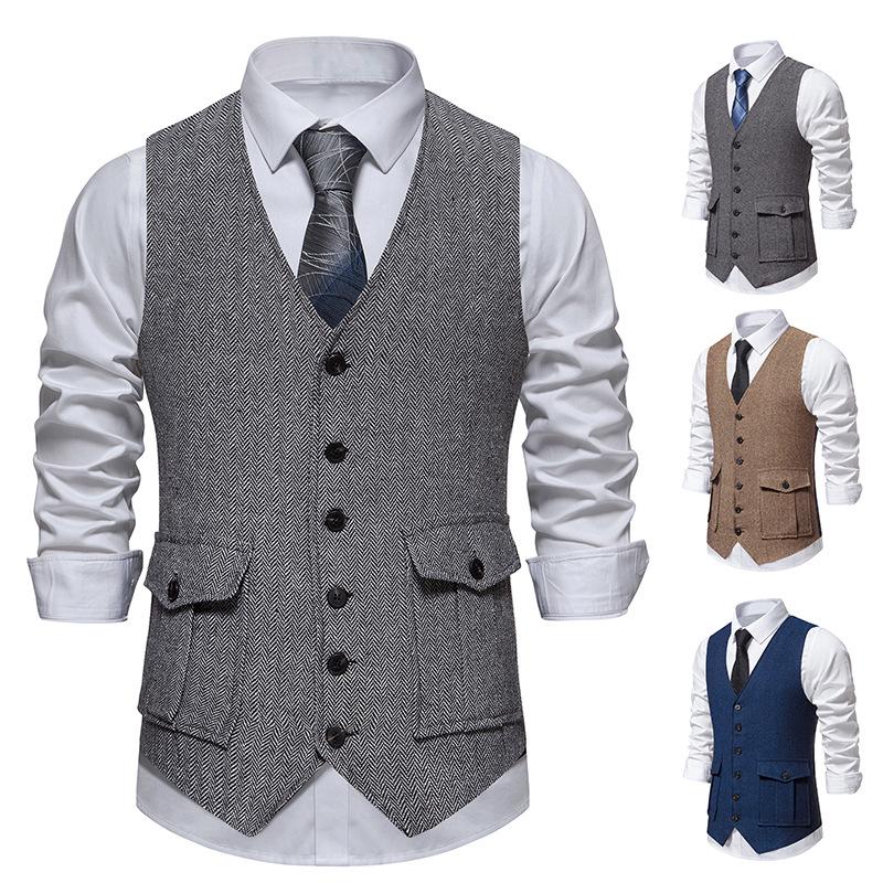 Retro Single-Breasted Men's Suit Vest with Three-Dimensional Pockets