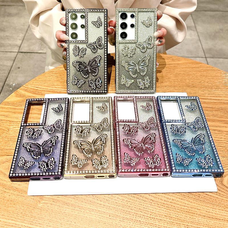 Gradient Glitter Powder Three Dimensional Butterfly Suitable for Samsung S25 Mobile Phone Case S24ultra Flash Diamond A14 A26 Protective Case