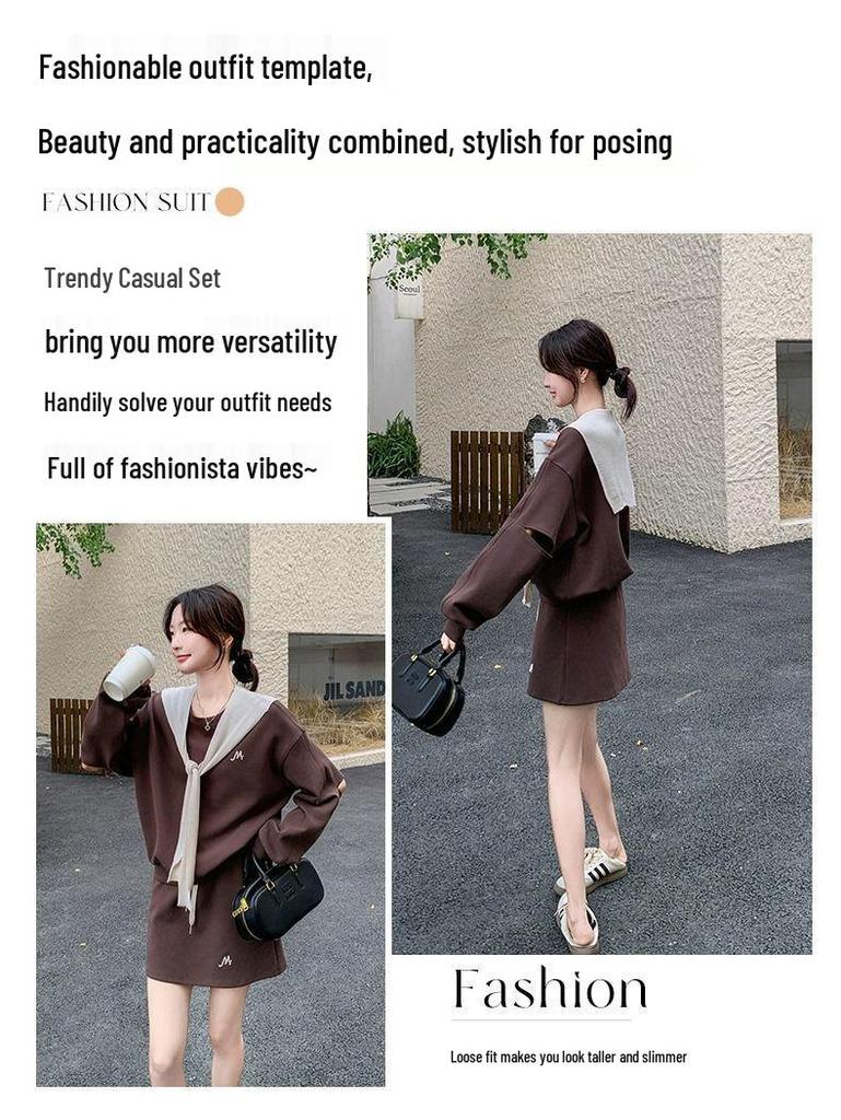 Versatile Shawl Hoodie Skirt Set for Women - Autumn 2026, Korean Style, Round Neck Top with Slimming Short Skirt