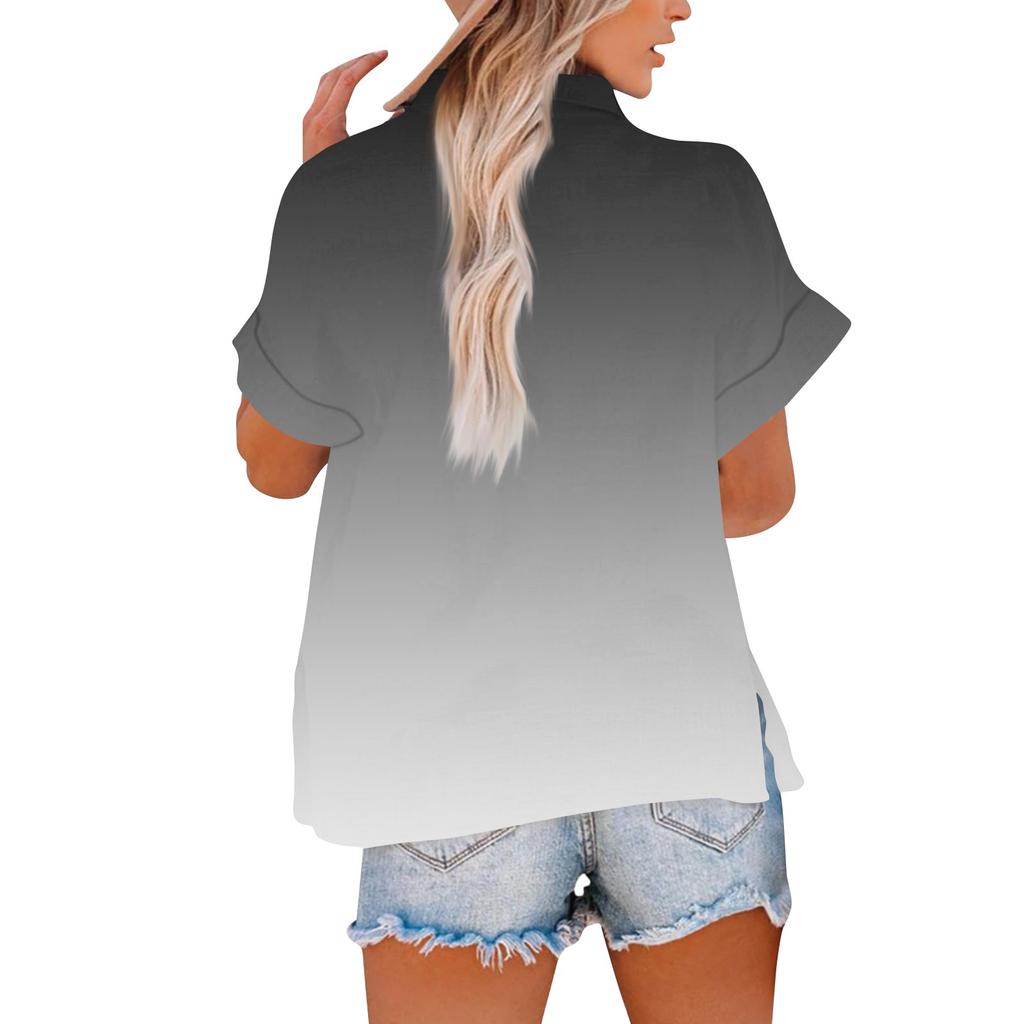 Women's loose printed stand collar short-sleeved cotton and linen top