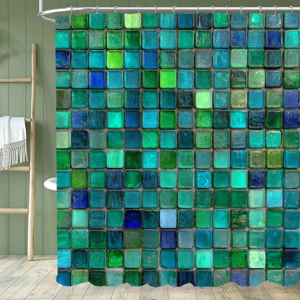 Geometrisches Quadratmosaik Muster Duschvorhang, Dekorative Badezimmer Duschvorhang, Wasserdichter Duschvorhang Mit Haken W60H190(CM)-1 Pcs