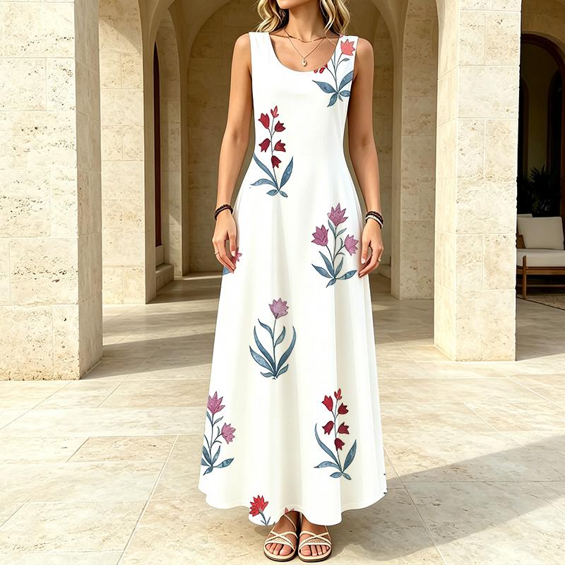 Women's Sleeveless Flowy Maxi Dress,Lightweight Fresh Vacation Style,Long Length for Casual Daily,Outdoor,Travel