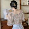 Women's Floral Shirt Korean Style Square Collar Sexy Sweet Long Sleeves Chiffon Blouse Tops