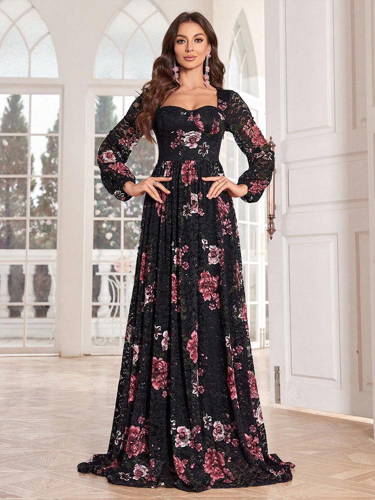 Elegant Long Lace Evening Dress - High-End Party Attire