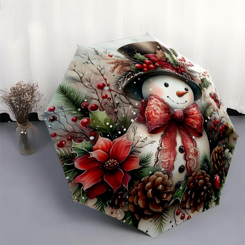 1pc Christmas Snowman Automatic Practical Umbrella Design, Cute Cartoon Pattern, Portable Outdoor Umbrella, Perfect A022