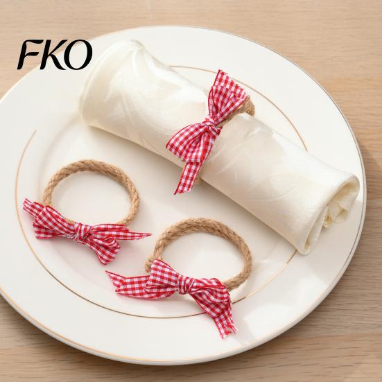 Hemp Rope Napkin Ring 6Pcs Rings, Jute with Plaid Bow,Handmade Tableware Holder for Cloth Rings Dinner Napkins, Wedding Banquet Christmas Thanksgiving