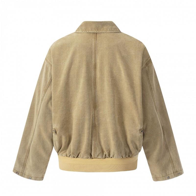 Unisex Oversized Relaxed Fit Cotton Barn Jacket With Distressed Texture Flip Collar Short Wide Workwear Style
