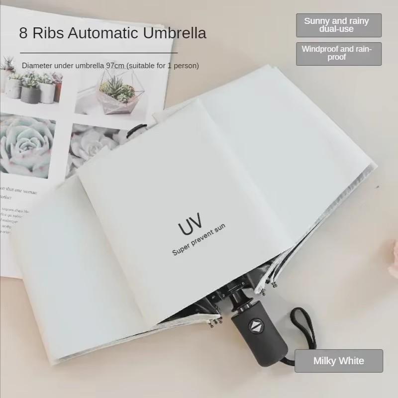 Automatic Rain & Sun Umbrella Black Coating Parasol Anti-UV 3 Folding Wind Resistant Auto Luxury Big Windproof Women Men 8Ribs