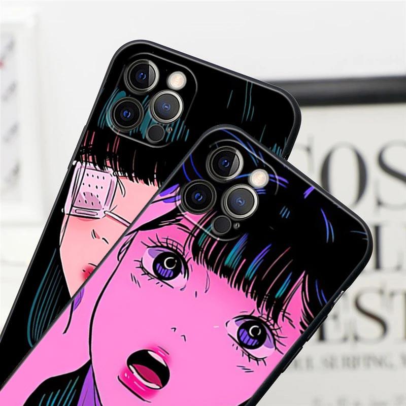 Super Cute Girl Anime Phone Case for iPhone14 13 12 11 PM Pro Max 8 7 SE XR XS Plus Black Soft Silicon Cover Fundas Coques Shell