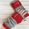 Gants en tricot sans doigts avec broderie de chat et patchwork, Gants décontractés ouverts aux doigts tendance pour femme, Mitaines chaudes d'hiver sans doigts
