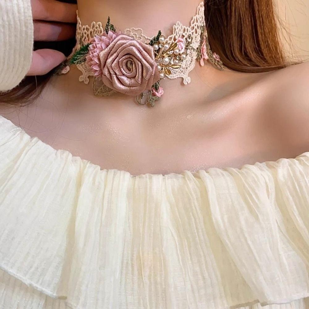 French Style Rose Choker Necklace Textured Sweet Fabric Choker Fashion Lace Flower Choker  Women