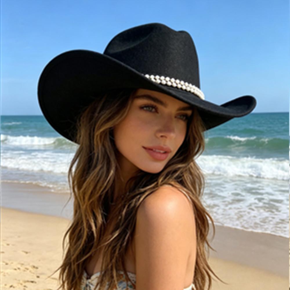 European and American Style Woolen Pearl Accessories Cowboy Hat Woolen Pearl Cowboy Hat Autumn and Winter Cowboy Hat Grassland Knight Hat