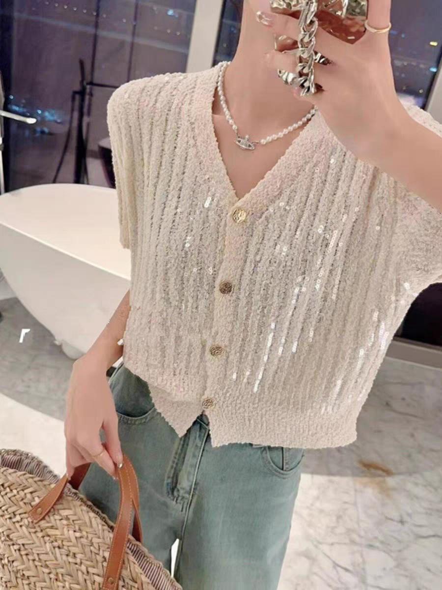 

Кардиган трикотажный с пайетками с коротким рукавом весна и лето новый дизайн тонкий свитер-жакет женский one size fits all абрикосовый