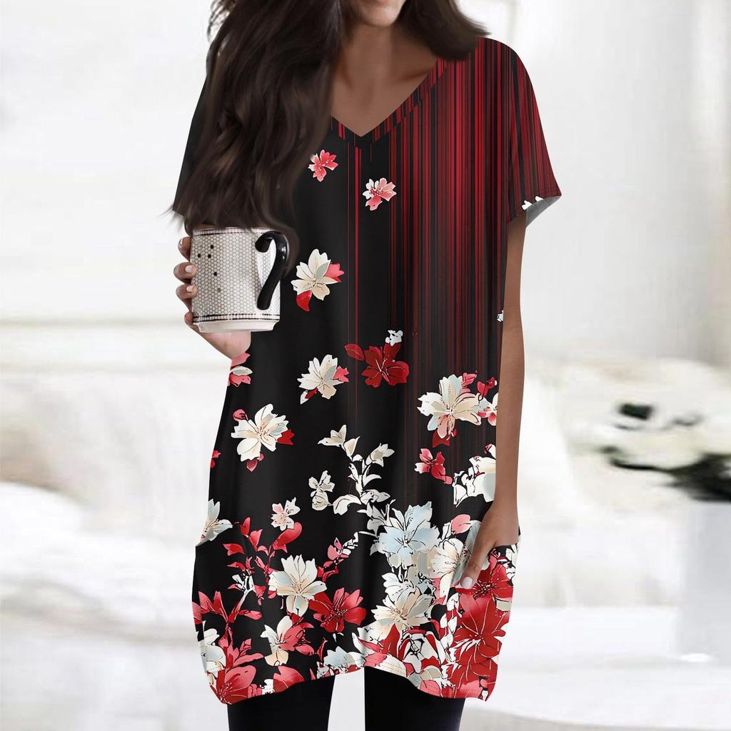 Topuri de damă cu decolteu în V Bluze cu mâneci scurte Cămăși ocazionale de lungime mijlocie Tunica cu imprimeu la modă Topuri cu buzunare