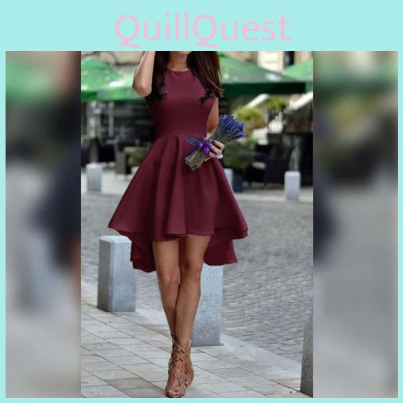 Fashion Women Sleeveless Asymmetric Hem Casual Sundress In Elegant Pure Color