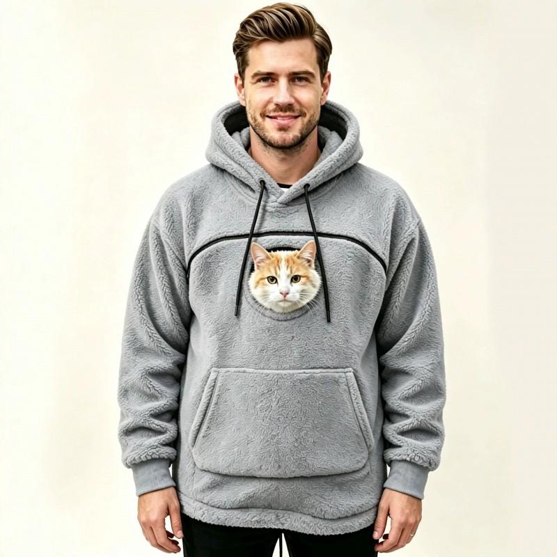 Mens Hooded Fleece Sweatshirt With Pet-Themed Pockets Warm Casual Long Sleeve Top Winter