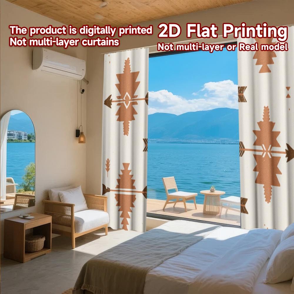 2D FLAT PRINTING 2pcs Curtains (Without Rod) Geometric Tribal Design Ramadan Festival Minimalist Curtains Polyester Easy Install